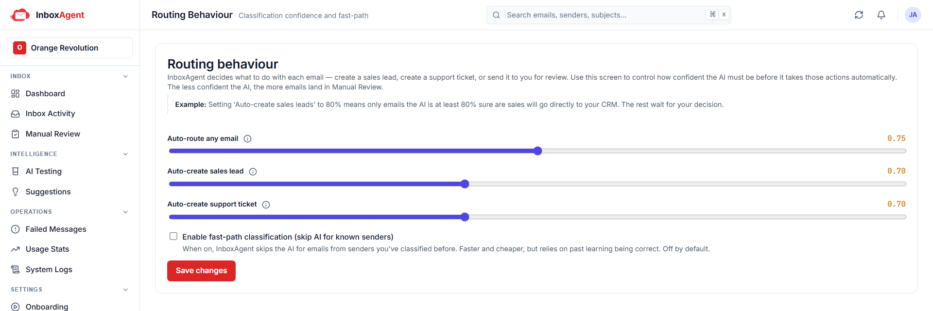 Routing behavior settings: confidence sliders for auto-routing, auto-creating sales leads and support tickets, with a fast-path toggle that is off by default.